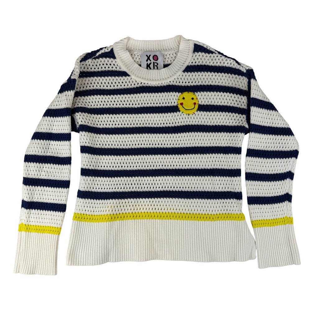Kerri Rosenthal Sweater Womens XS White Navy Striped Smiley Face Crochet Knit